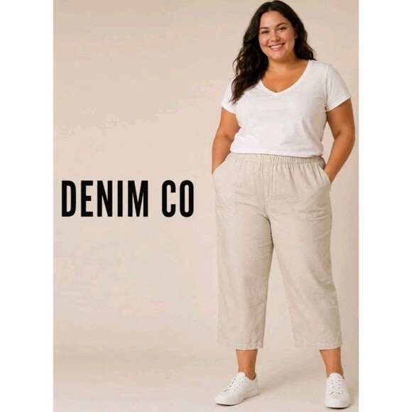 Denim&Co Pants - DENIM CO Womens 1X Original Waist Pull-On Stretch Cropped Beige Pants A14925